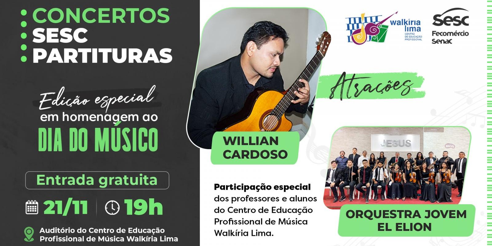 Concertos Sesc Partituras: 2ª edição homenageia Dia do Músico com apresentações de Willian Cardoso e Orquestra El Lion Concertos Sesc Partituras: 2ª edição homenageia Dia do Músico com apresentações de Willian Cardoso e Orquestra El Lion